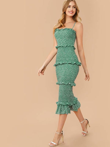 Ditsy Floral Print Frill Trim Shirred Dress - takostyle