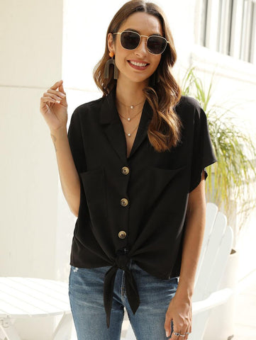 Lapel Collar Knot Hem Button Up Blouse - takostyle