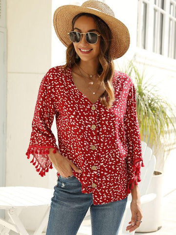 Ditsy Floral Tassel Button Up Blouse - takostyle