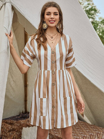 Striped Dual Pockets Button Up A-line Dress
