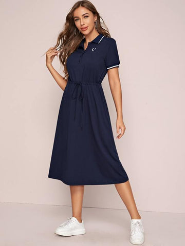 Embroidery Detail Drawstring Waist Polo Dress - takostyle