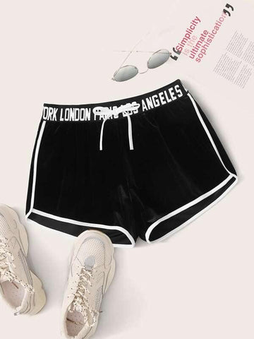 Letter Tape Contrast Binding Velvet Track Shorts - takostyle