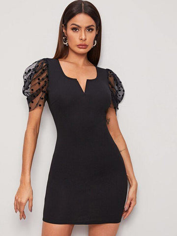 Polka-dot Mesh Puff Sleeve Bodycon Dress - takostyle