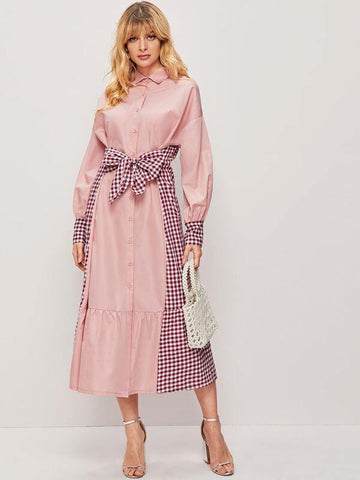 Contrast Gingham Tie Front Shirt Dress - takostyle