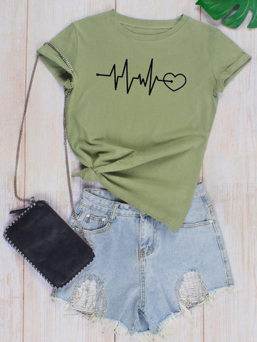 Heart And Graphic Print Tee - takostyle