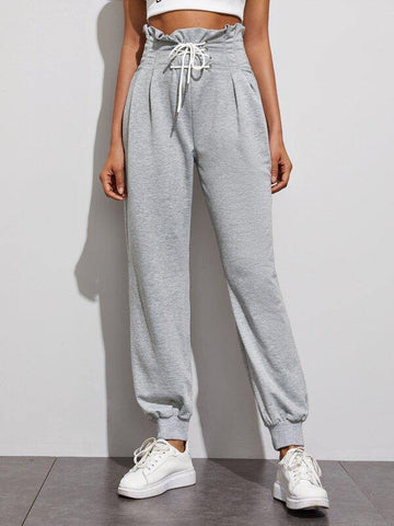 Lace Up Front Paperbag Waist Sweatpants - takostyle
