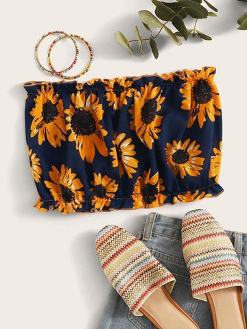 Ruffled Sunflower Print Cropped Tube Top - takostyle