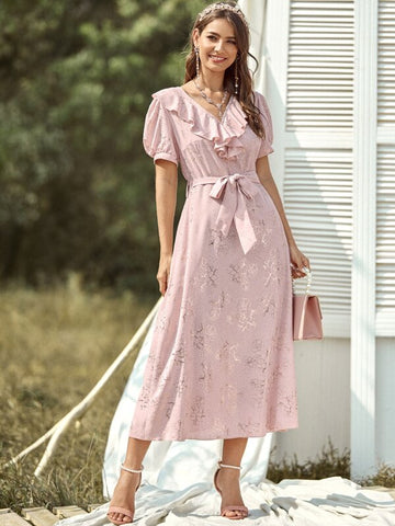 Metallic Floral Print Ruffle Trim Belted Dress