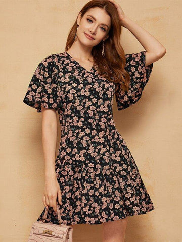 Floral Print Flounce Hem Dress - takostyle
