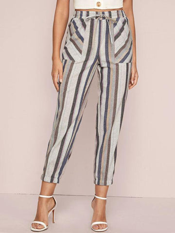 Striped Drawstring Waist Tapered Pants - takostyle