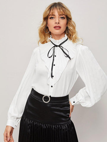 Ruffle Trim Tie Neck Blouse - takostyle