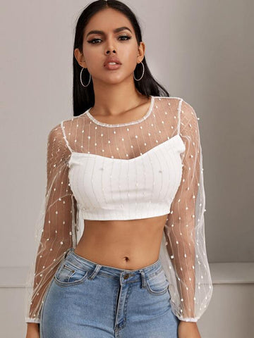 Lantern Sleeve Pearls Beaded Sheer Mesh Crop Top - takostyle