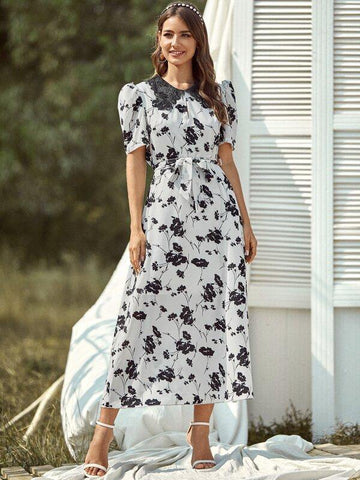 Floral Print Contrast Lace Belted Dress - takostyle