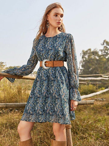 All Over Print Flounce Sleeve Dress Without Belt - takostyle