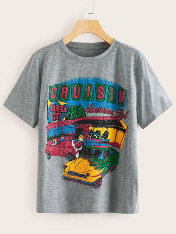 Cartoon And Letter Graphic Tee - takostyle