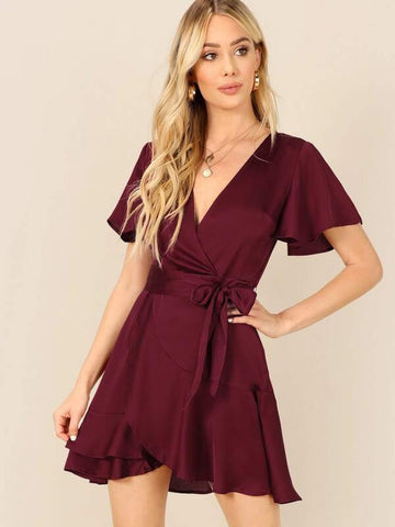 Slit Back Ruffle Hem Surplice Belted Satin Dress