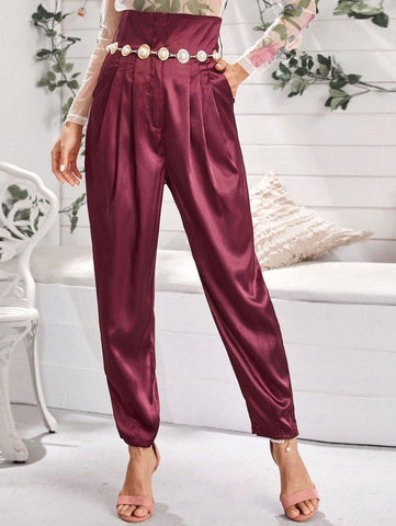 High Waist Pleated Satin Carrot Pants Without Belt - takostyle
