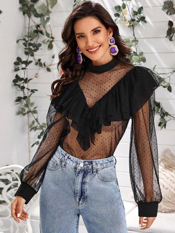 Mock Neck Ruffle Trim Sheer Polka Dot Mesh Top - takostyle