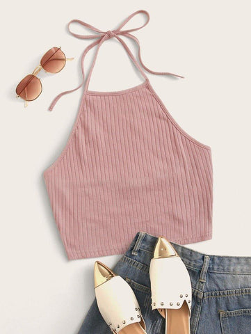 Rib-knit Halter Top - takostyle
