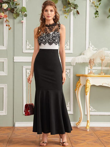 Two Tone Lace Detail Mermaid Dress - takostyle