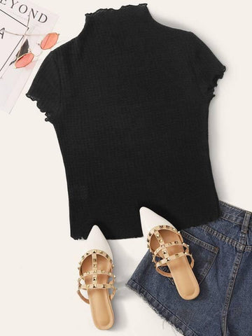 Mock Neck Lettuce Trim Textured Tee - takostyle