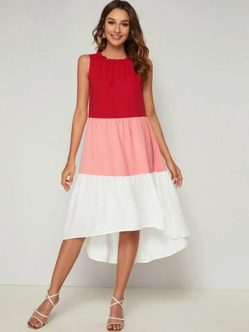 Frill Trim Colorblock Dip Hem Dress - takostyle