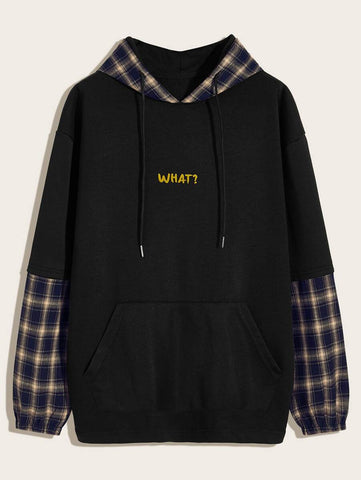 Men Tartan & Letter Graphic Drawstring Hoodie