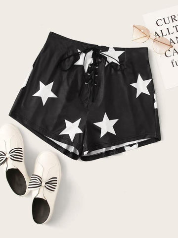 Eyelet Lace Up Star Print Shorts - takostyle
