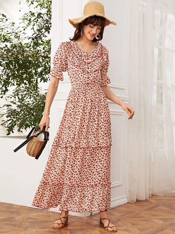 Ruffle Trim Puff Sleeve Ditsy Floral A-line Dress - takostyle