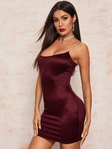 Satin Bodycon Dress With Rhinestone Strap - takostyle