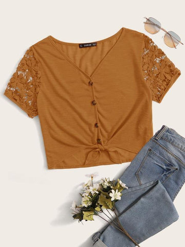 Lace Sleeve Button Front Tie Hem Top - takostyle