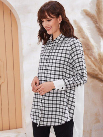 Button Front Contrast Cuff Plaid Blouse - takostyle