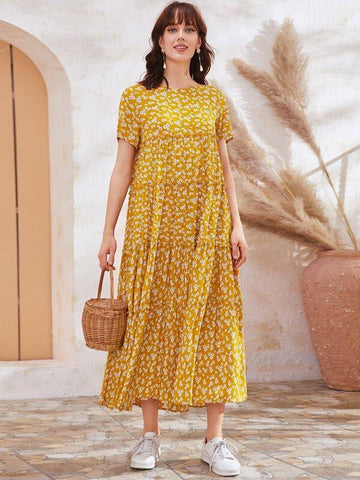 Ditsy Floral Print Frill Trim Smock Dress - takostyle