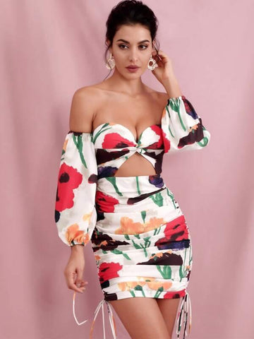 LOVE&amp;LEMONADE Drawstring Side Bardot Floral Peekaboo Dress - takostyle