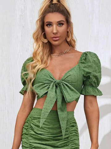 Tie Front Puff Sleeve Swiss Dot Crop Top - takostyle