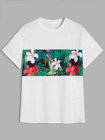 Men Tropical Print Crew Neck Tee