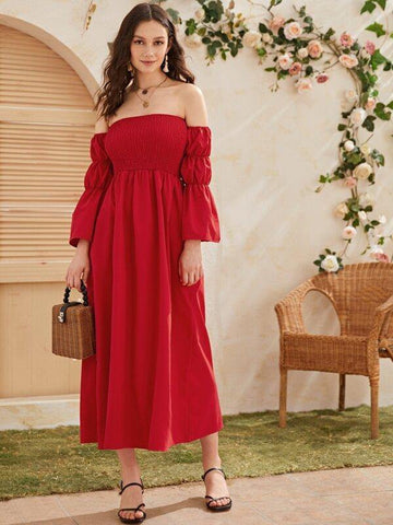 Off Shoulder Gathered Sleeve Shirred Dress - takostyle
