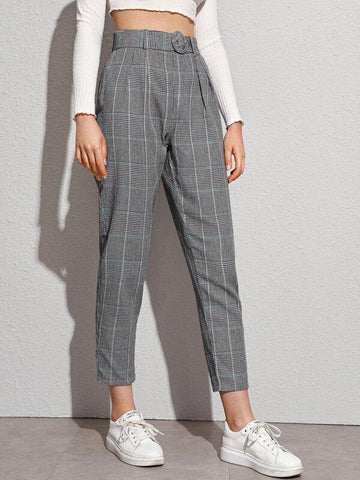 Buckle Belted Glen Plaid Pants - takostyle