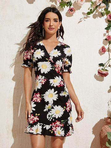 Floral Print Flounce Hem Dress - takostyle