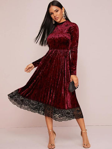Lace Hem Pleated Velvet Dress - takostyle