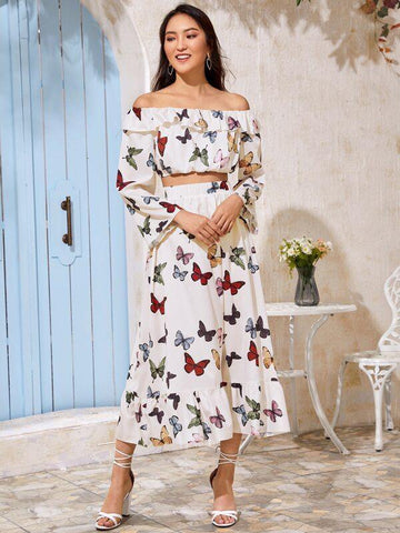 Off Shoulder Ruffle Trim Butterfly Print Crop Top - takostyle