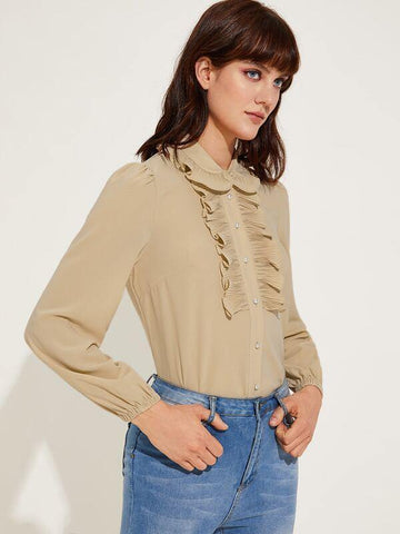 Pleated Ruffle Trim Button Front Blouse - takostyle