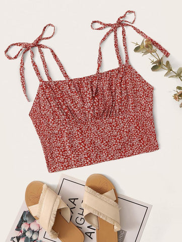 Ditsy Floral Self-Tie Cropped Cami Top - takostyle