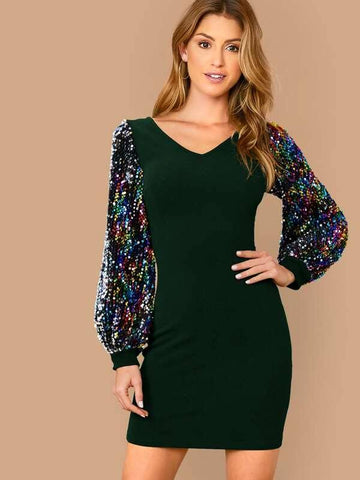 Contrast Sequin Lantern Sleeve Bodycon Dress - takostyle