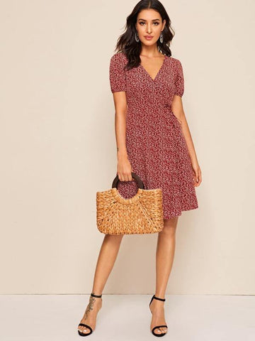 Allover Plant Print Puff Sleeve Tie Waist Wrap Dress - takostyle