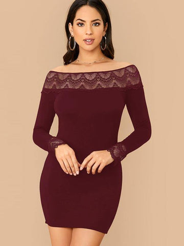 Off Shoulder Lace Trim Bodycon Dress - takostyle
