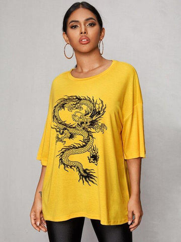 Drop Shoulder Dragon Print Oversized Tee - takostyle