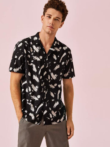Men Notch Collar Brush Stroke Print Shirt