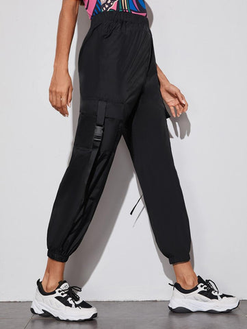 Elastic Waist Push Buckle Detail Flap Pocket Cargo Pants - takostyle
