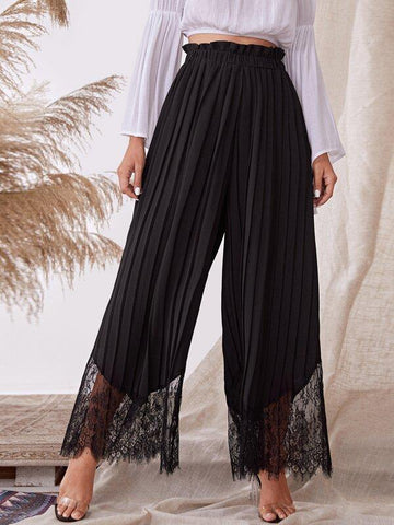 Paperbag Waist Eyelash Lace Hem Pleated Pants - takostyle